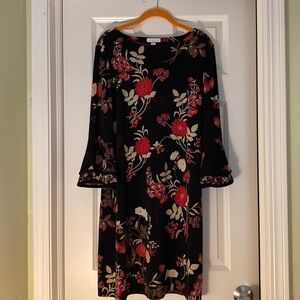 Charter Club polyester black dress with red and beige floral print
